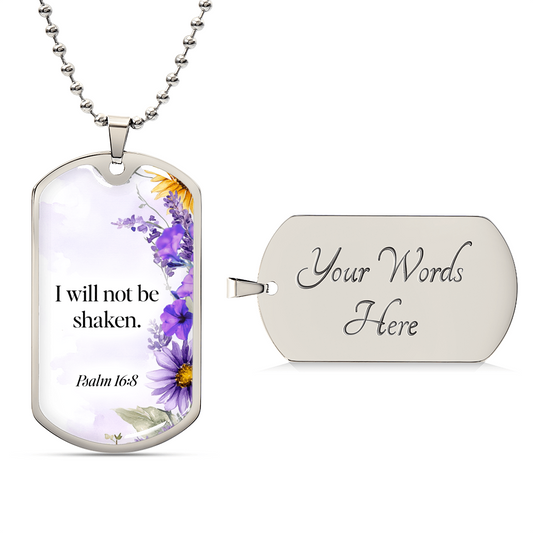 Purple Flowers I Will Not Be Shaken Faith Based Graphic Dog Tags Necklace