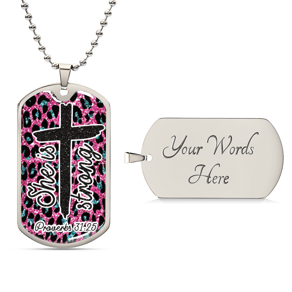 She is Strong Cross Scripture Pink Graphic Dog Tags Necklace