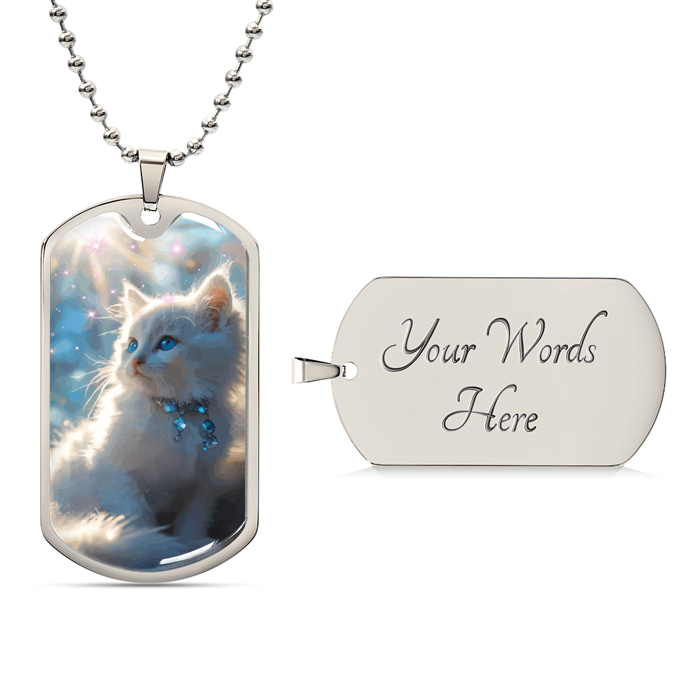 Fluffy White Kitten in the Sun Graphic Dog Tags Necklace