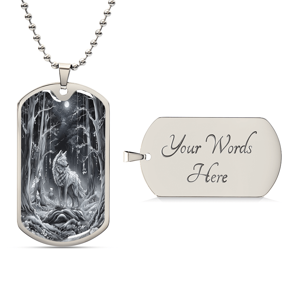 Grey Wolf in the Moonlight Graphic Dog Tags Necklace