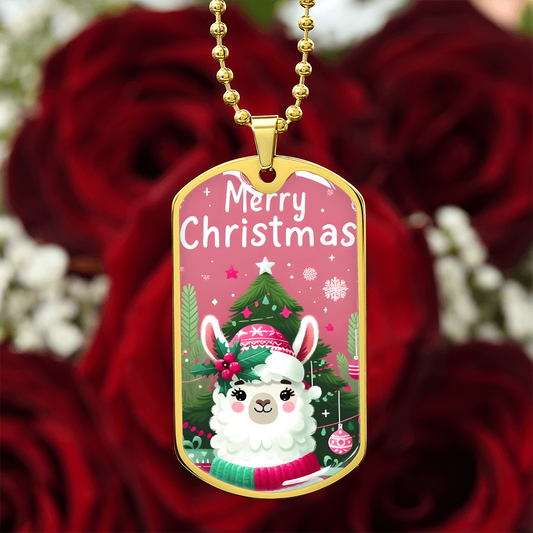 Merry Christmas Pink Llama Graphic Dog Tags Necklace