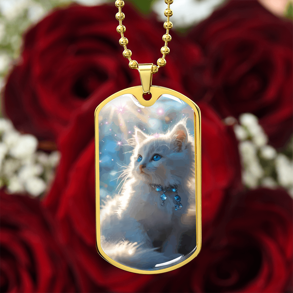 Fluffy White Kitten in the Sun Graphic Dog Tags Necklace