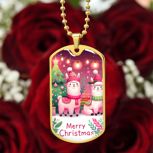 Merry Christmas Pink Llamas Graphic Dog Tags Necklace