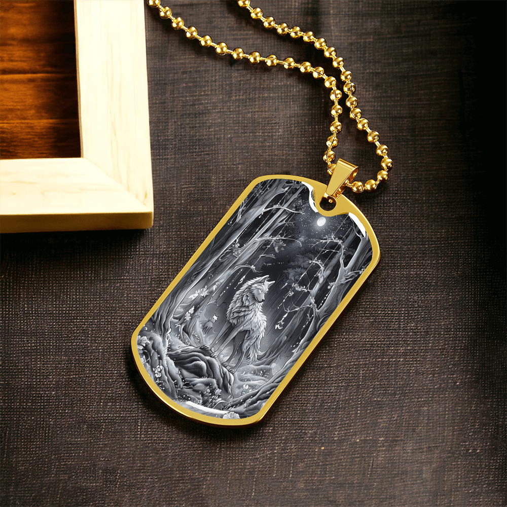 Grey Wolf in the Moonlight Graphic Dog Tags Necklace