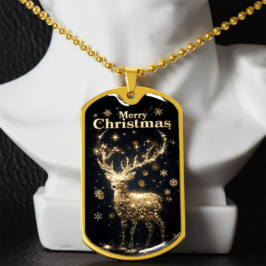 Merry Christmas Sparkling Gold Reindeer on Black Luxury Dog Tags Necklace