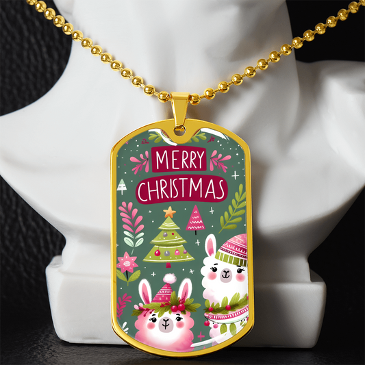 Merry Christmas Llamas on Green Graphic Dog Tags Necklace