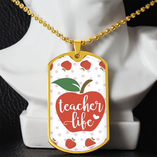 Teacher Life Red Apples Graphic Dog Tags Necklace