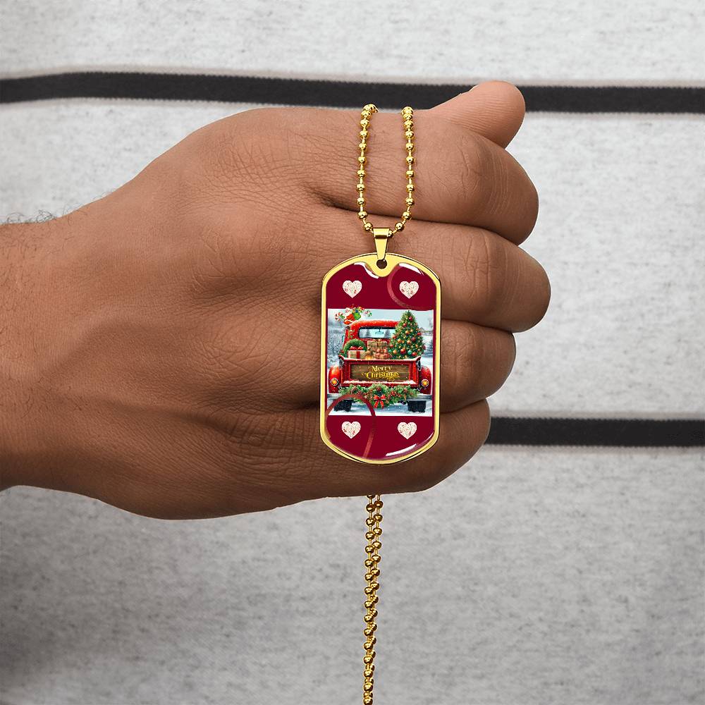 Christmas Vintage Red Truck Dog Tags Necklace