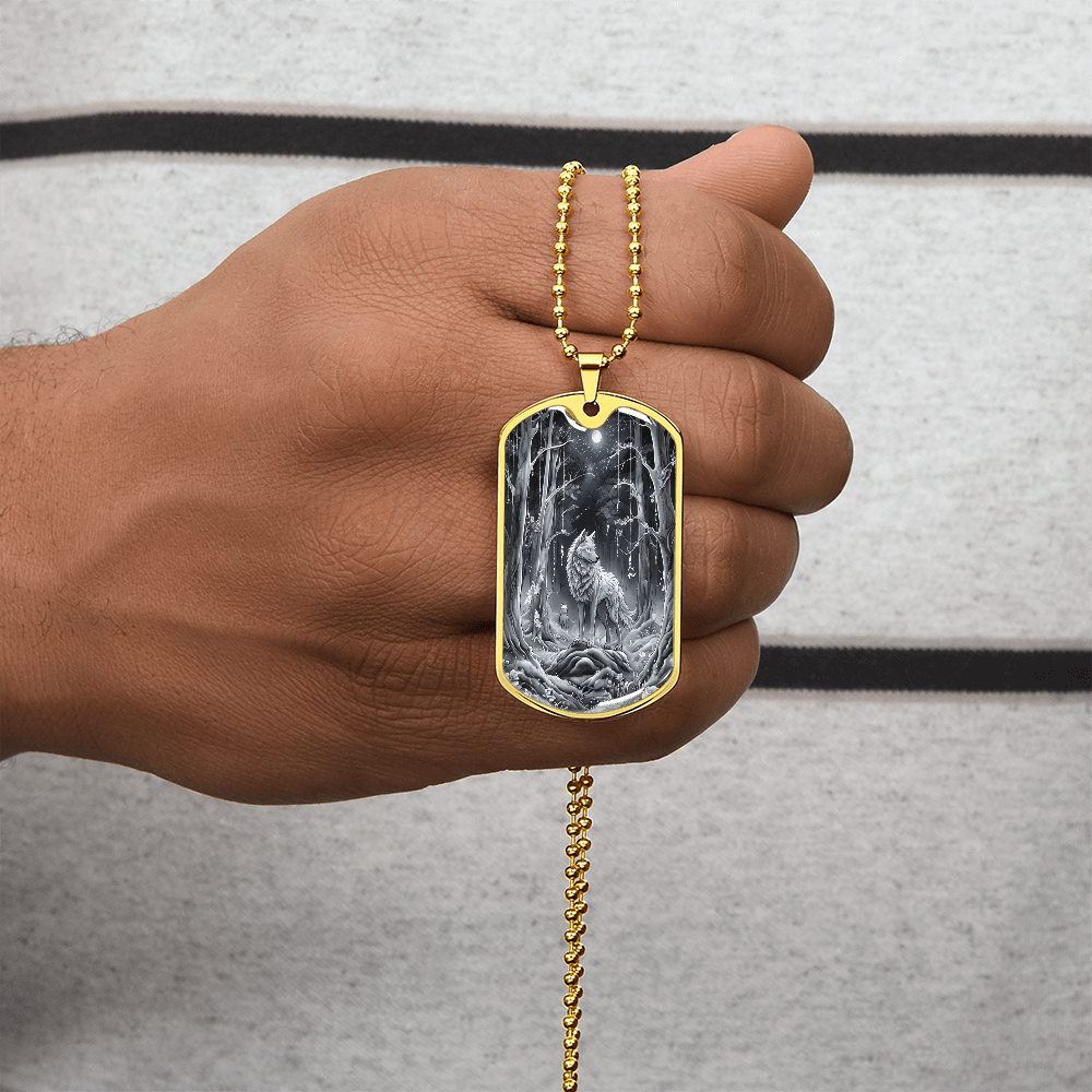 Grey Wolf in the Moonlight Graphic Dog Tags Necklace