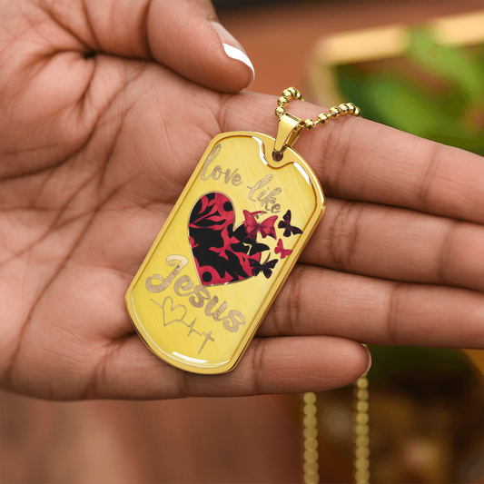 Love Like Jesus with Butterflies Faith Based Graphic Dog Tags Necklace