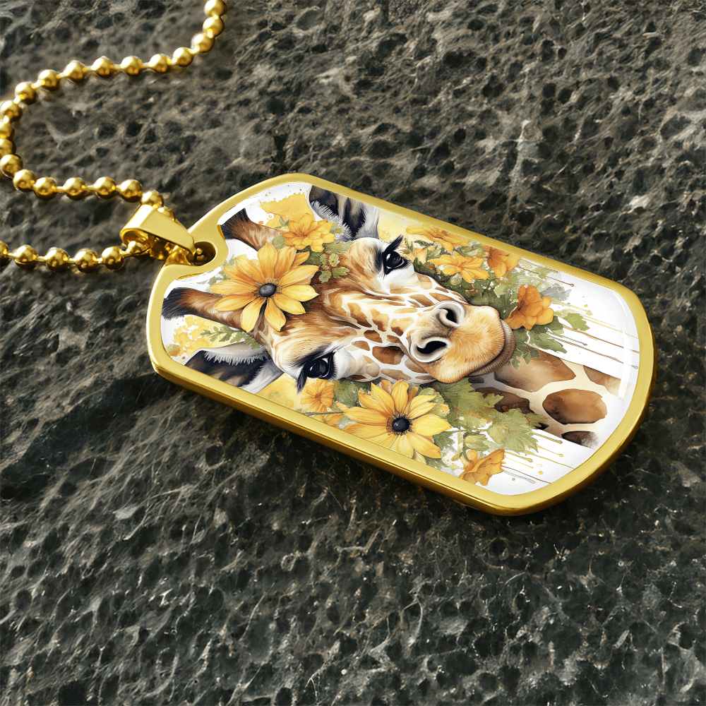 Happy Giraffe Surrounded by Sunflowers Graphic Dog Tags Necklace