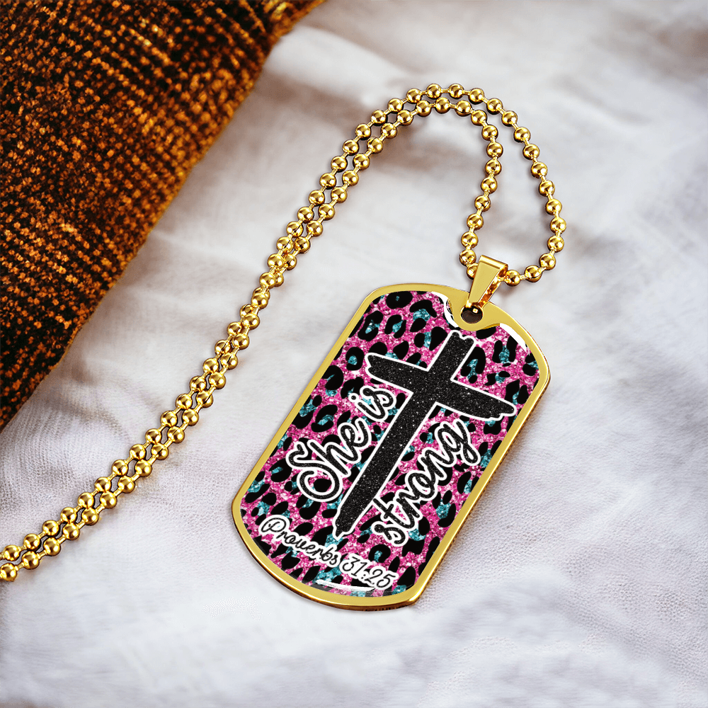 She is Strong Cross Scripture Pink Graphic Dog Tags Necklace