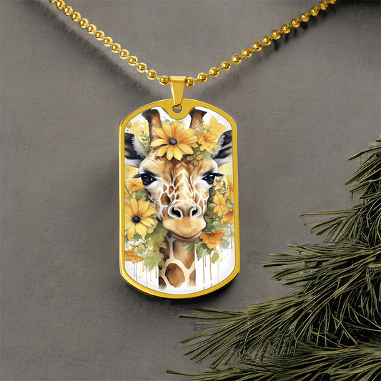 Happy Giraffe Surrounded by Sunflowers Graphic Dog Tags Necklace
