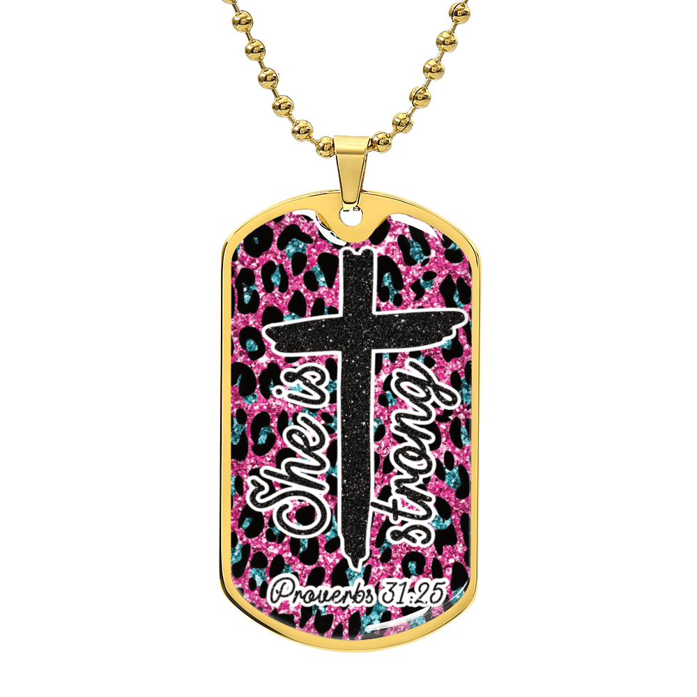She is Strong Cross Scripture Pink Graphic Dog Tags Necklace