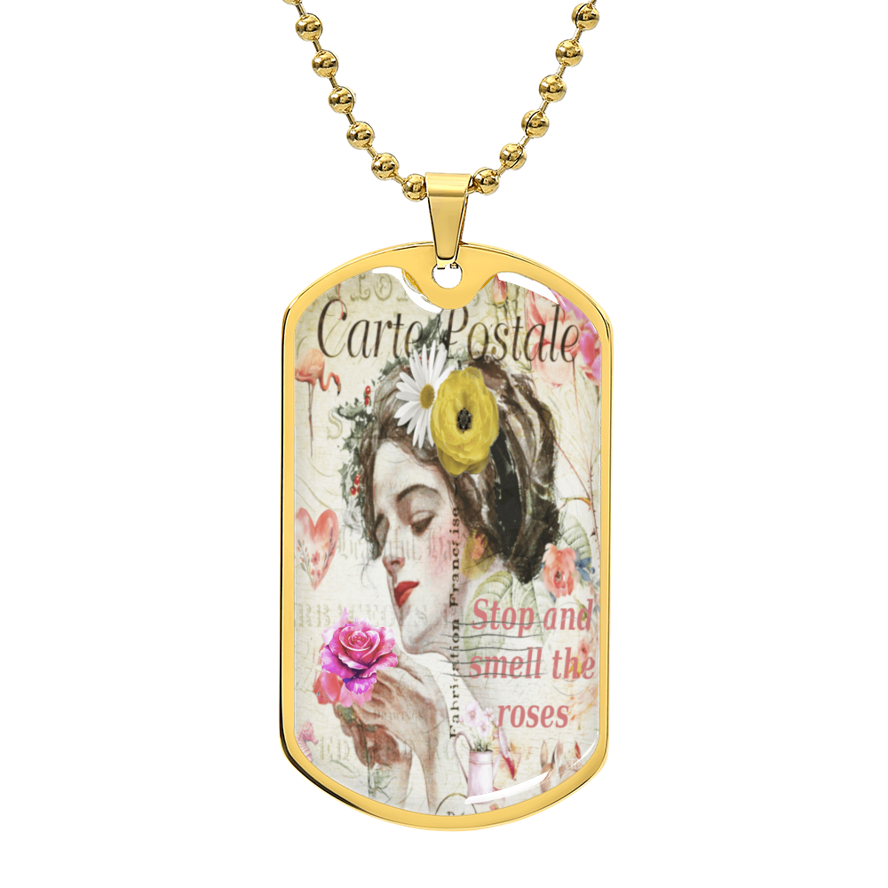 Beautiful Lady Stopping to Smell the Roses Dog Tags Necklace