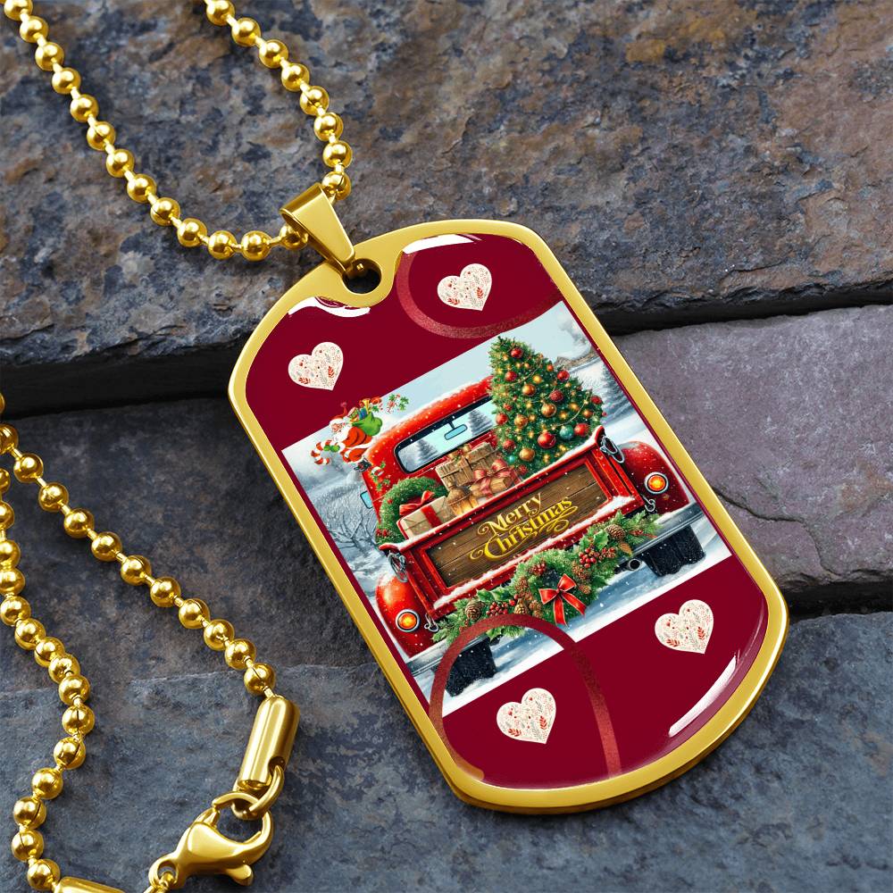 Christmas Vintage Red Truck Dog Tags Necklace