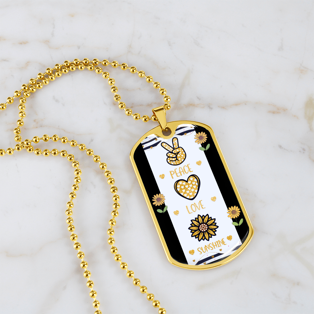 Peace Love and Sunshine with Sunflowers Graphic Dog Tags Necklace