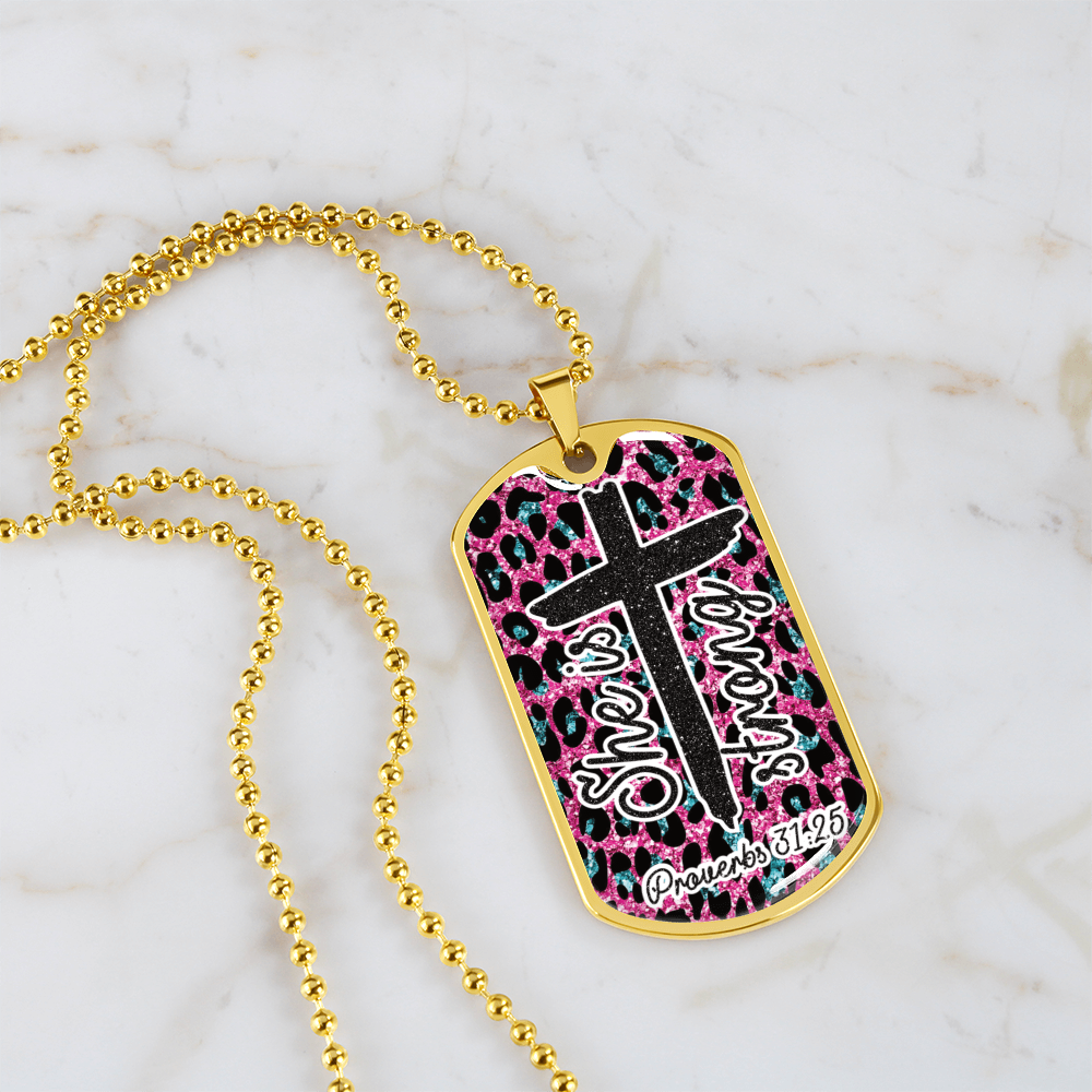 She is Strong Cross Scripture Pink Graphic Dog Tags Necklace