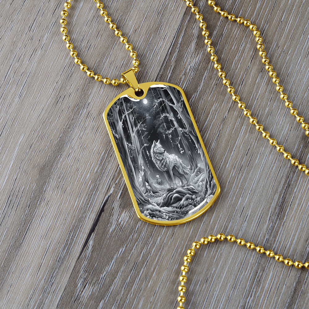 Grey Wolf in the Moonlight Graphic Dog Tags Necklace