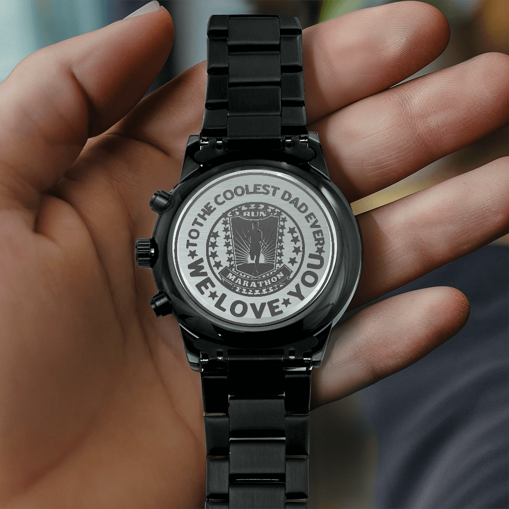 To the Coolest Dad Marathon Runner Engraved Design Black Chronograph Watch