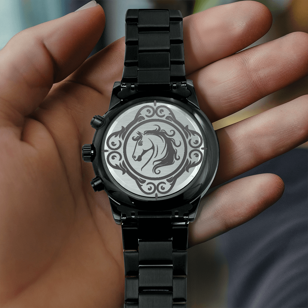 Horse in Ornate Frame Engraved Design Black Chronograph Watch