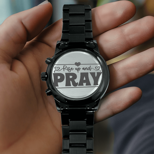 Rise Up and Pray Religious Engraved Black Chronograph Watch