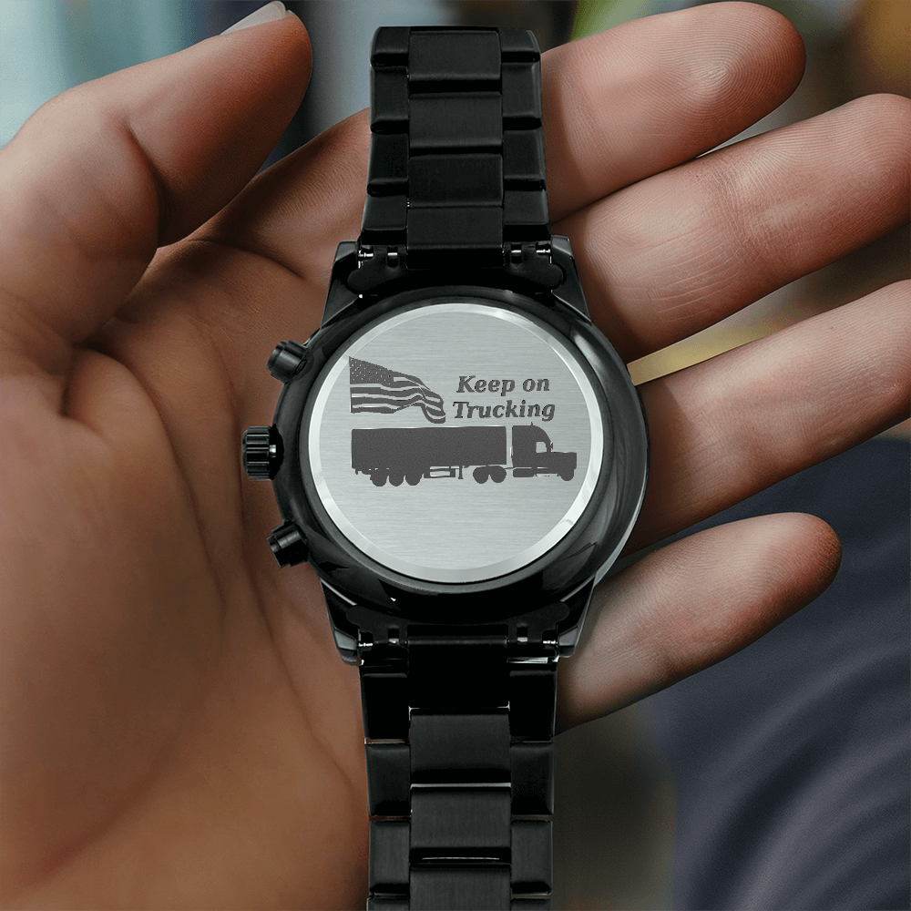 Keep on Trucking with American Flag Engraved Design Black Chronograph Watch