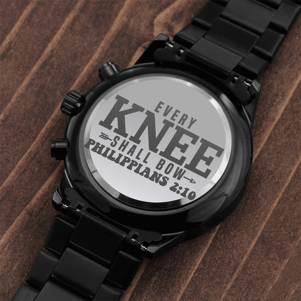 Every Knee Shall Bow Faith Based Engraved Black Chronograph Watch