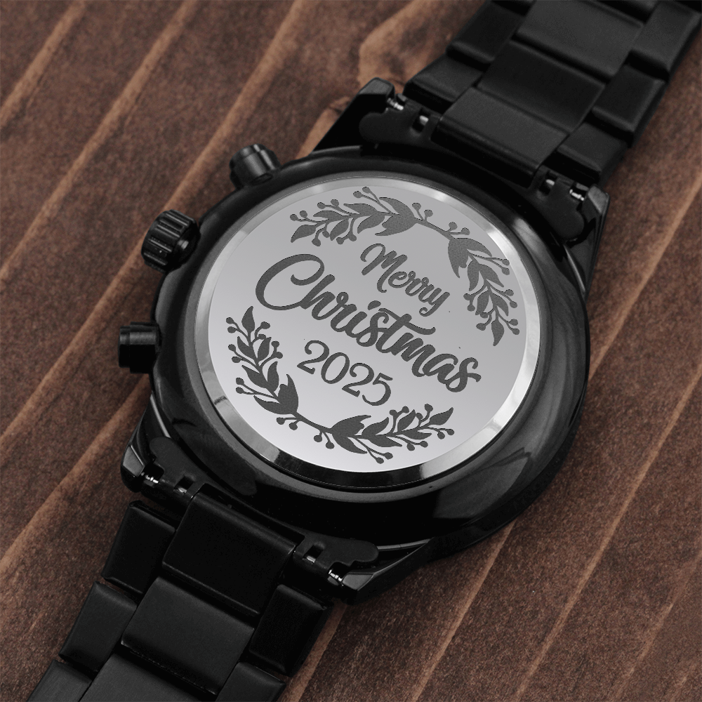 Merry Christmas 2025 Engraved Black Chronograph Watch