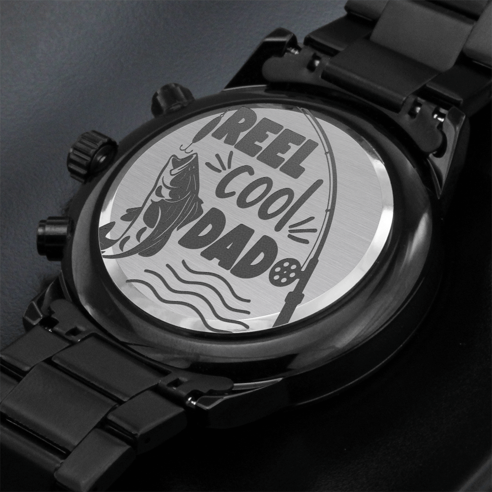 Reel Cool Dad Fishing Engraved Black Chronograph Watch