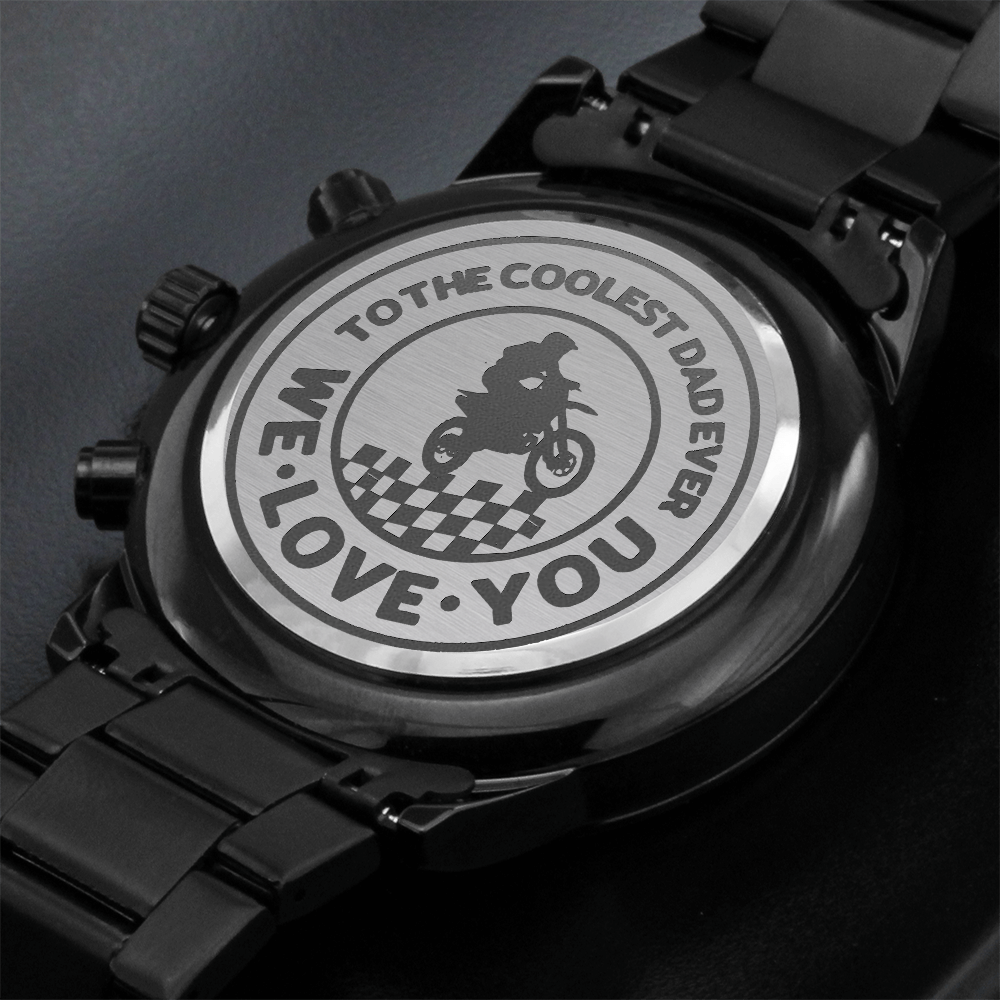 To the Coolest Dad Motocross Rider Engraved Black Chronograph Watch