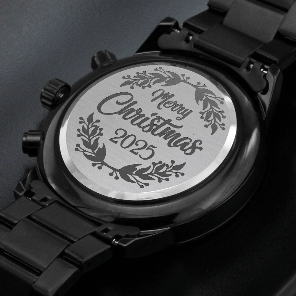 Merry Christmas 2025 Engraved Black Chronograph Watch