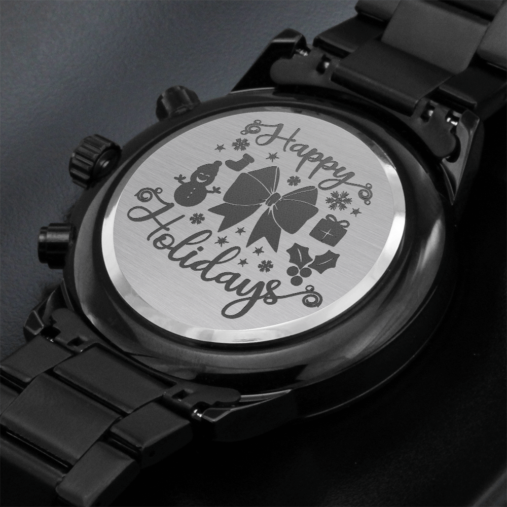 Happy Holidays Merry Christmas Engraved Black Chronograph Watch
