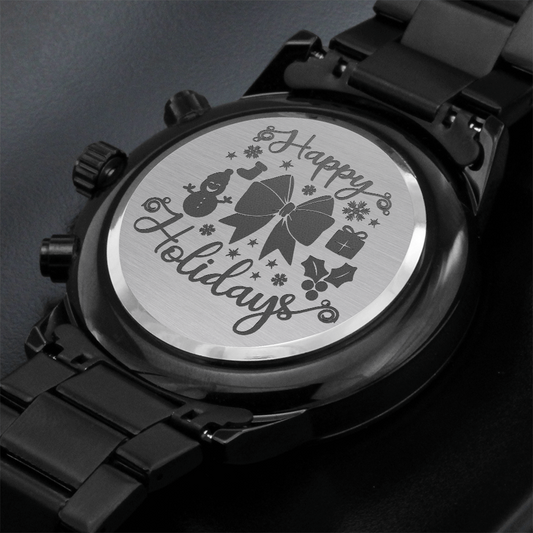 Happy Holidays Merry Christmas Engraved Black Chronograph Watch