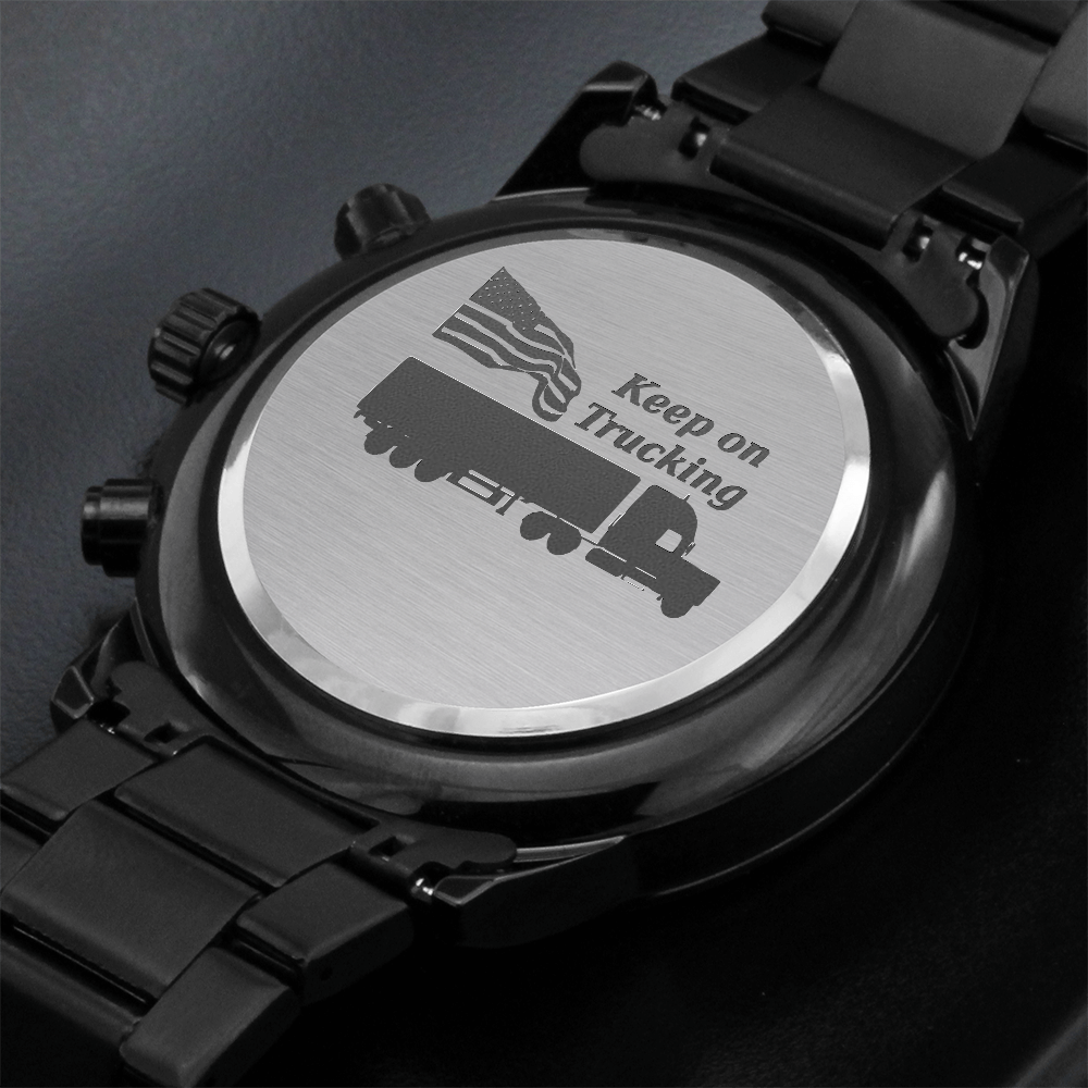 Keep on Trucking with American Flag Engraved Design Black Chronograph Watch