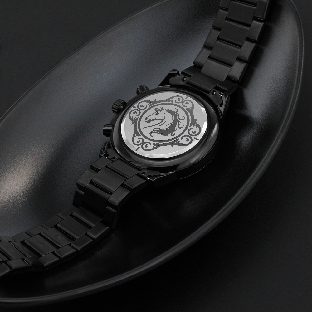 Horse in Ornate Frame Engraved Design Black Chronograph Watch