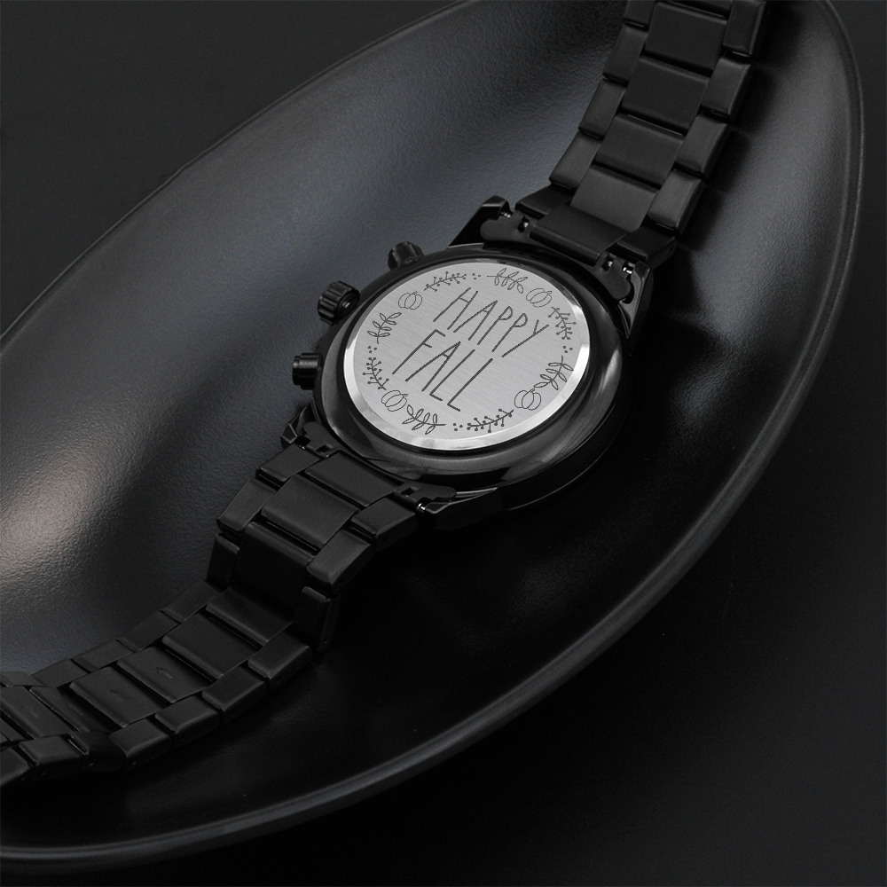 Happy Fall Pumpkin Design Engraved Black Chronograph Watch