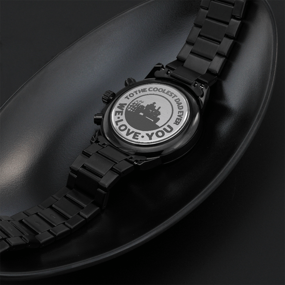 To the Coolest Dad Farmer Engraved Design Black Chronograph Watch