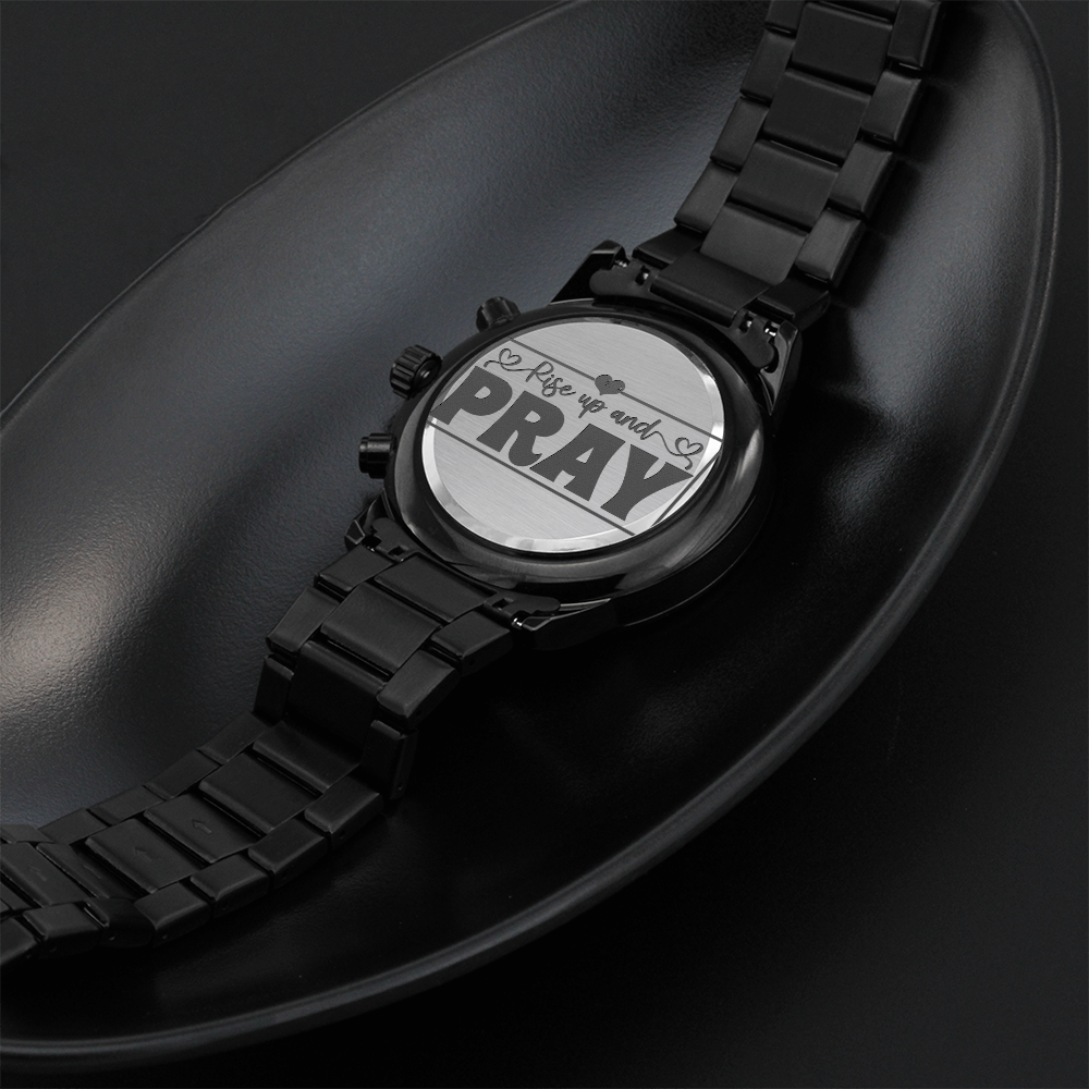 Rise Up and Pray Religious Engraved Black Chronograph Watch