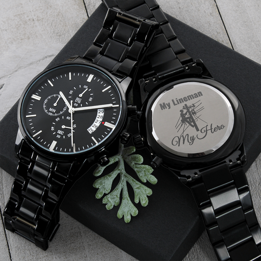 My Lineman My Hero Engraved Design Black Chronograph Watch