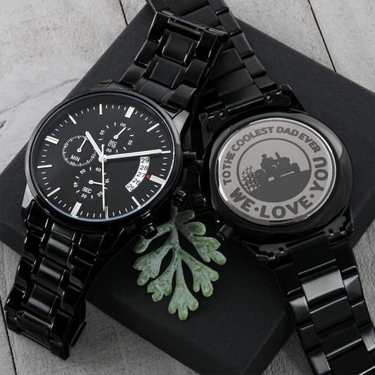 To the Coolest Dad Farmer Engraved Design Black Chronograph Watch