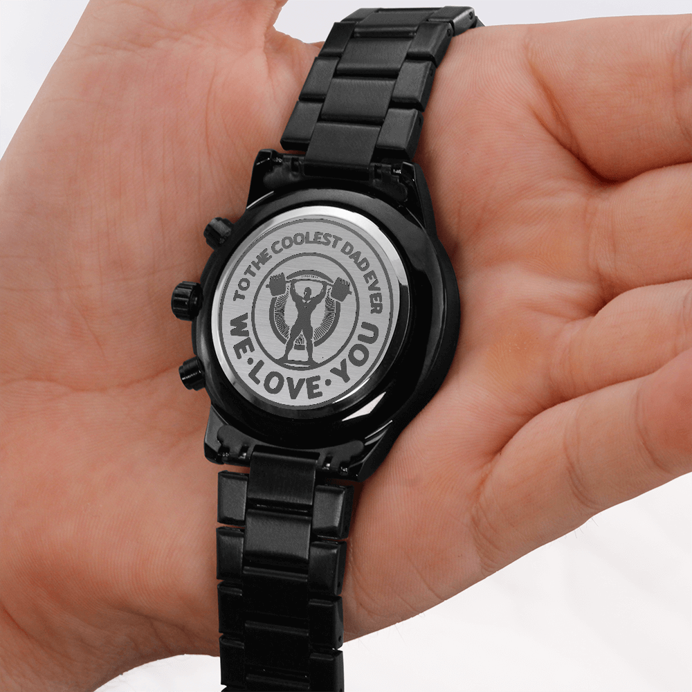 To the Coolest Dad Weightlifter Engraved Black Chronograph Watch