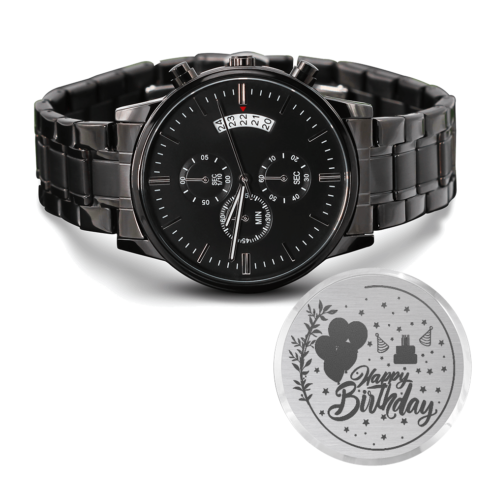 Happy Birthday Engraved Black Chronograph Watch