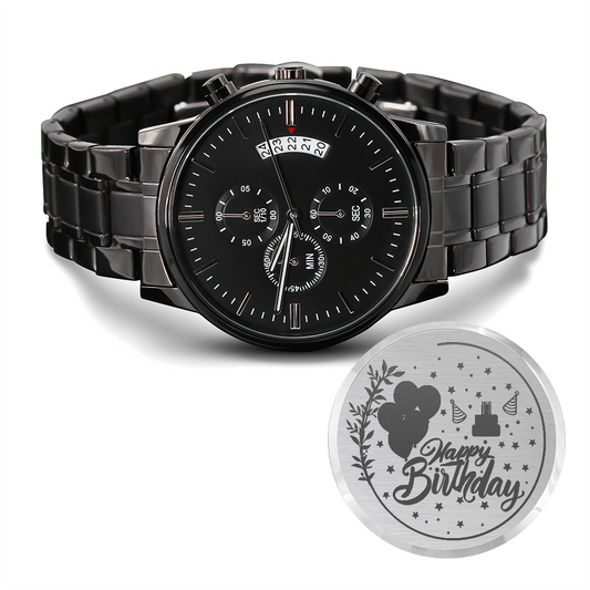 Happy Birthday Engraved Black Chronograph Watch