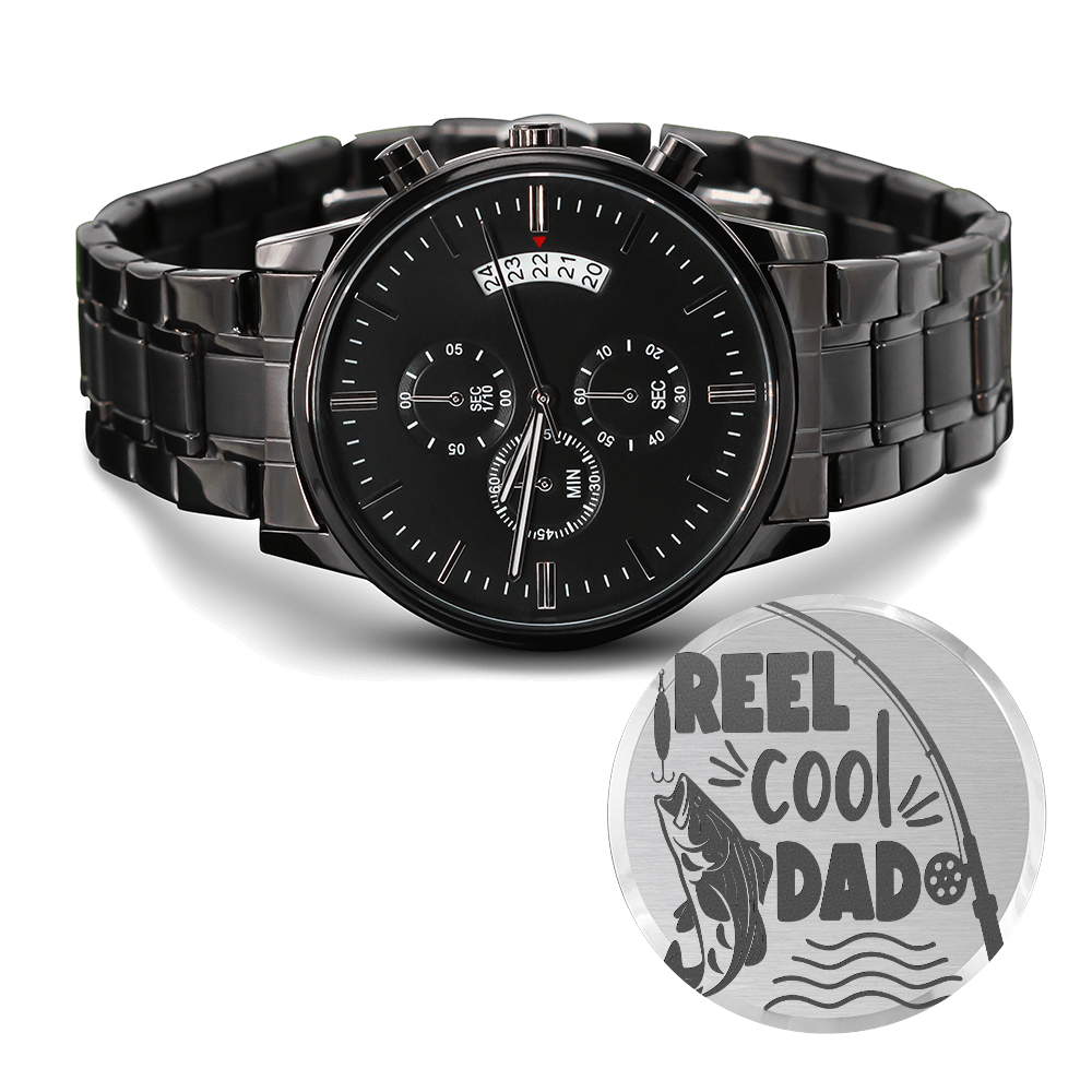 Reel Cool Dad Fishing Engraved Black Chronograph Watch
