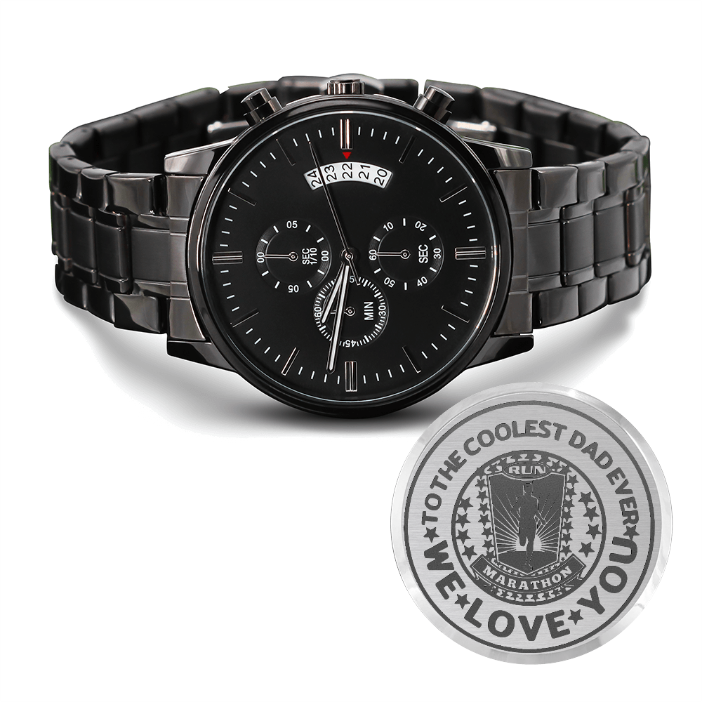 To the Coolest Dad Marathon Runner Engraved Design Black Chronograph Watch