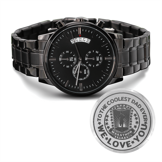 To the Coolest Dad Marathon Runner Engraved Design Black Chronograph Watch