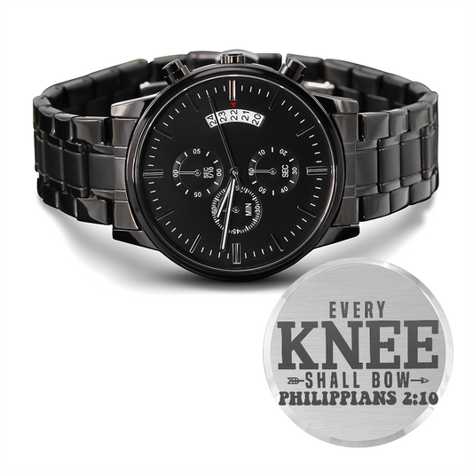 Every Knee Shall Bow Faith Based Engraved Black Chronograph Watch