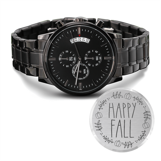Happy Fall Pumpkin Design Engraved Black Chronograph Watch
