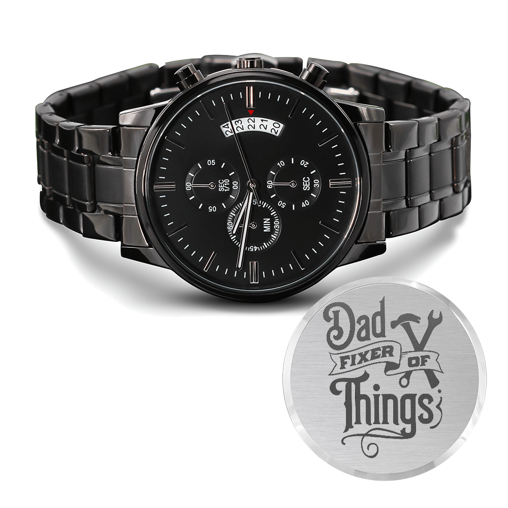 Dad Fixer of Things Engraved Design Black Chronograph Watch